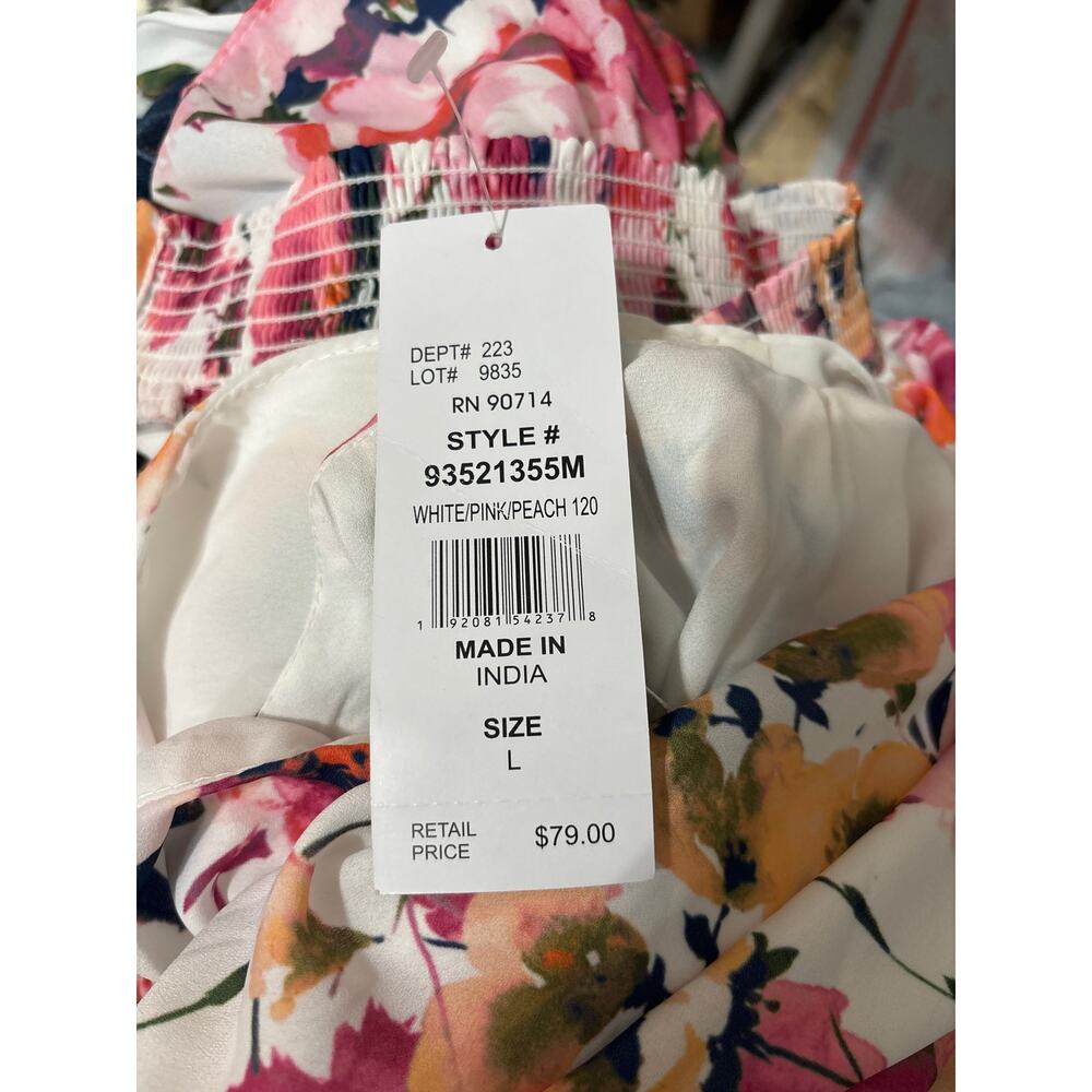 Sam And Jess NWT Tiered Mini Dress Size L White Pink Peach Smocked Sleeveless 🌼 - Picture 8 of 8